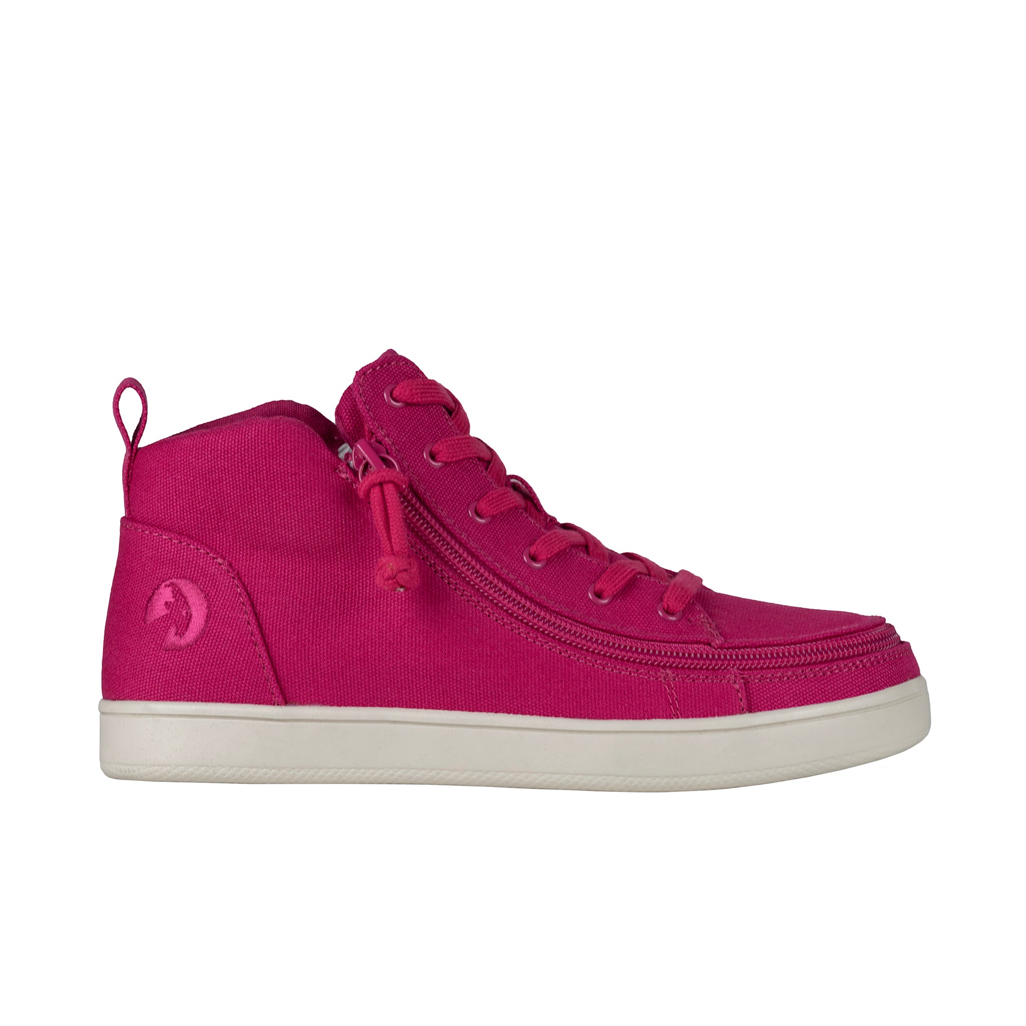 Pink mid-top sneaker with a white sole on a white background