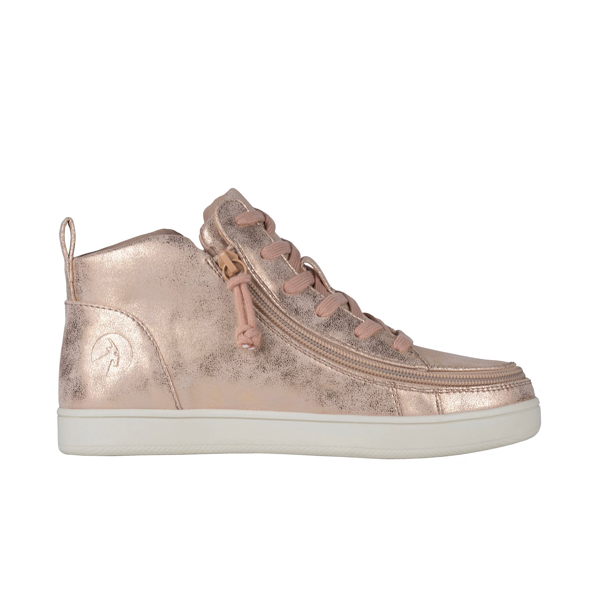 Rose gold mid-top sneaker with a zipper on a white background