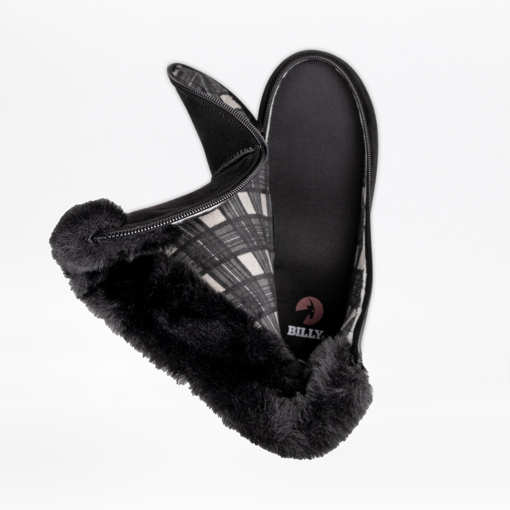 The Women's Black BILLY Cozy II boot by BILLY Footwear is shown unzipped with a plaid design, black faux fur lining, flannel-lined interior, and the Billy logo on the insole against a white background.