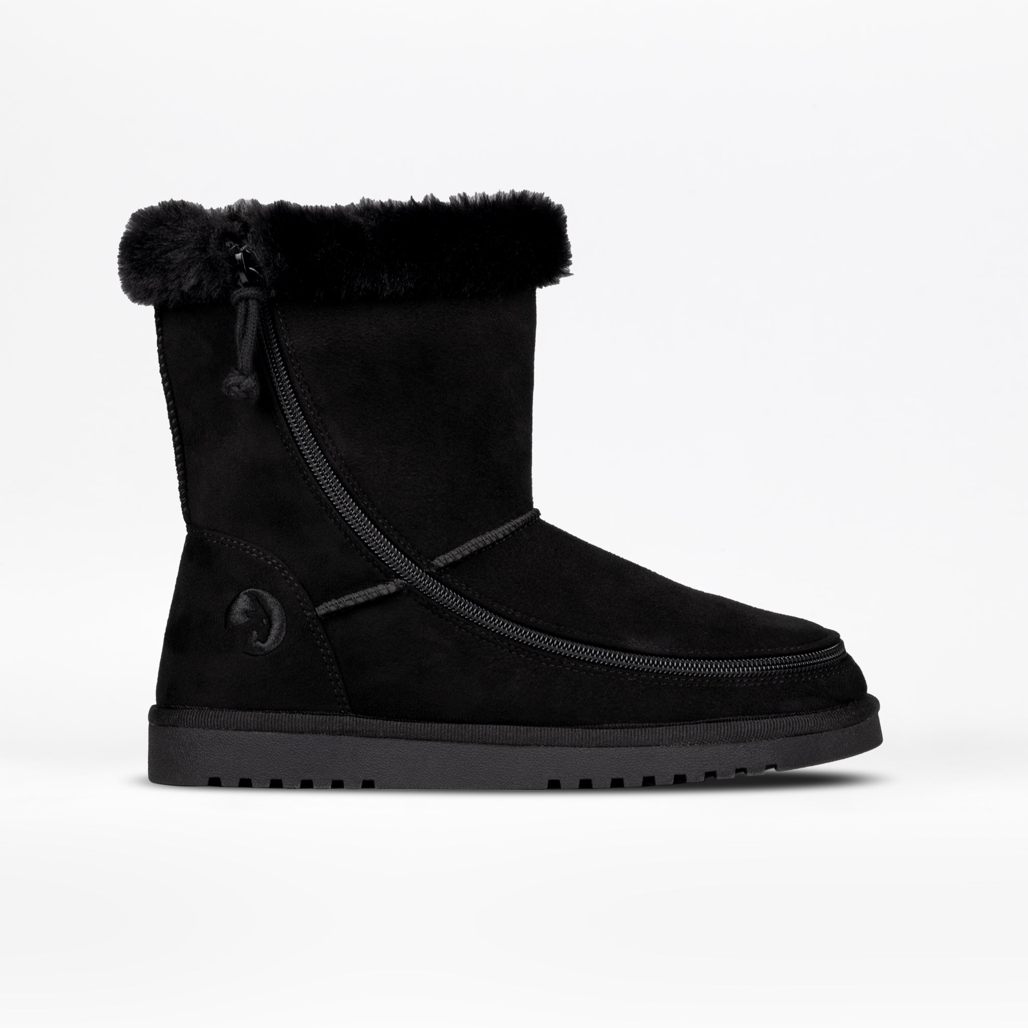The Women's Black BILLY Cozy II by BILLY Footwear is a black suede winter boot with a fur collar, side zipper, flannel lining, and rubber sole, shown against a plain white background.