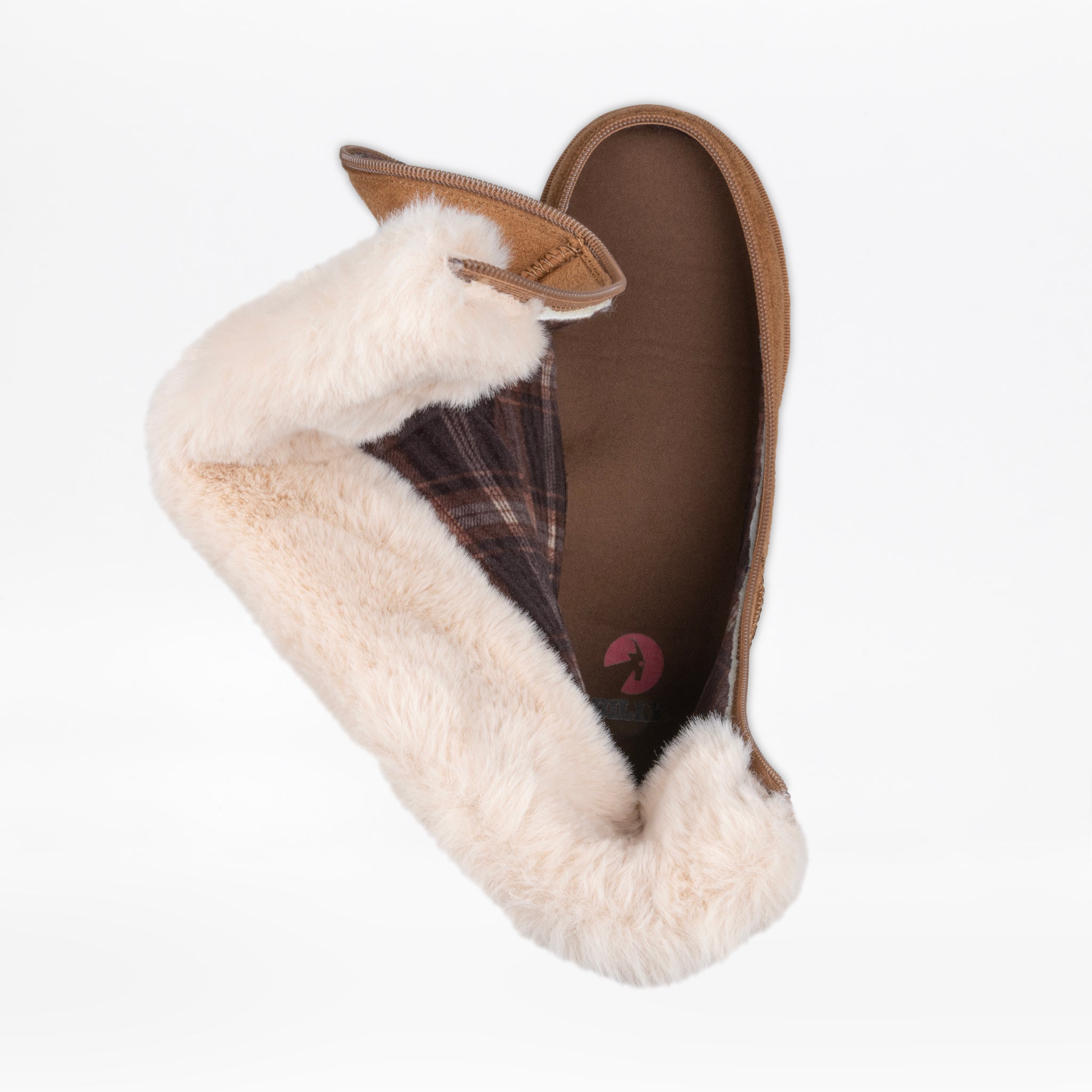 A Women's Chestnut BILLY Cozy II slipper by BILLY Footwear features a soft white faux fur lining and flannel-lined plaid interior, shown on its side against a plain white background.