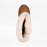Top view of the Women's Chestnut BILLY Cozy II winter boot by BILLY Footwear, featuring a thick light beige faux fur lining, displayed against a plain white background.