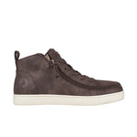 Brown mid-top sneaker with a zipper on a white background