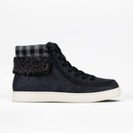 Black high-top sneaker with plaid cuff on a white background