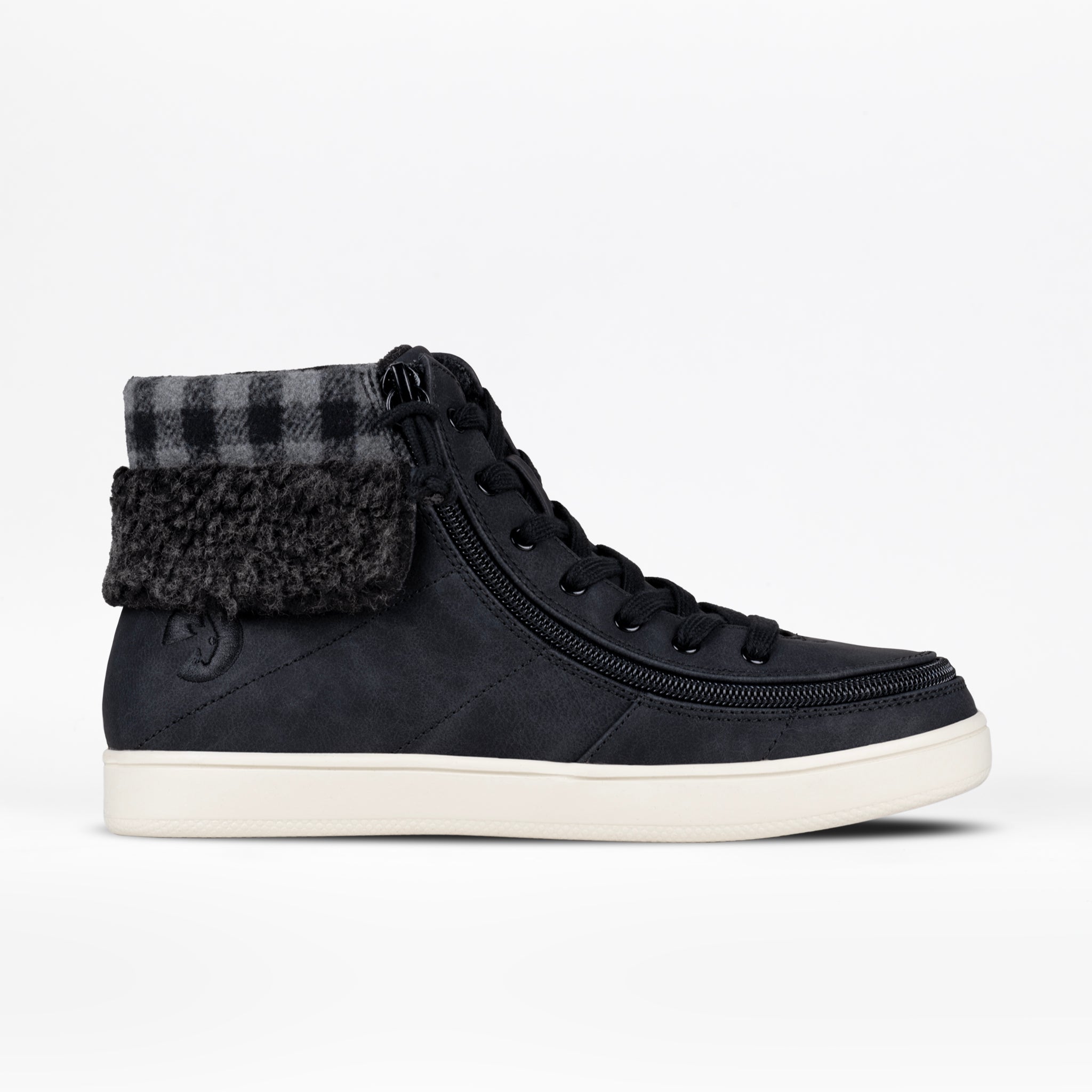 Black high-top sneaker with plaid cuff on a white background