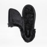 The Women's Black BILLY Cozy Slipper by BILLY Footwear features a soft, fuzzy inside and out, plus a side wrap zipper that reveals its plush lining. The BILLY Footwear logo is displayed on the insole.