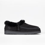 The Women's Black BILLY Cozy Slipper by BILLY Footwear features a full wrap zipper, fuzzy lining, and textured sole, shown against a white background.