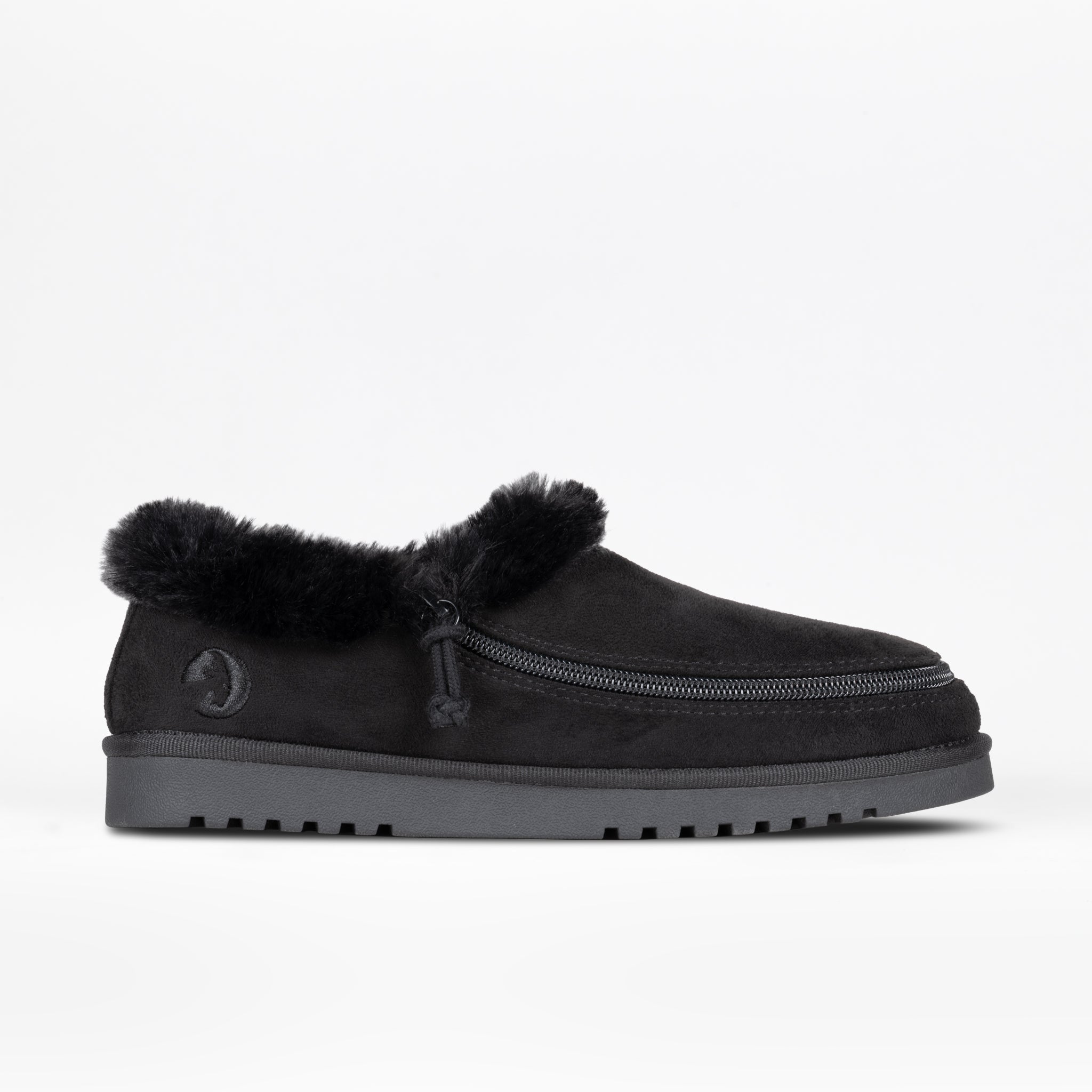 The Women's Black BILLY Cozy Slipper by BILLY Footwear features a full wrap zipper, fuzzy lining, and textured sole, shown against a white background.