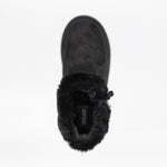 Top view of the Women's Black BILLY Cozy Slipper by BILLY Footwear, featuring a suede-like exterior, fluffy fur-lined opening, and full wrap zipper. The BILLY brand is visible on the insole against a plain white background.