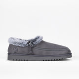 The BILLY Footwear Women's Cozy Slipper in charcoal features a textured sole, faux fur lining, and a full wrap zipper on the upper, shown against a plain white background.