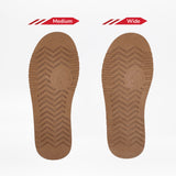 Two chestnut Women's BILLY Cozy Slipper soles from BILLY Footwear are shown side by side on a white background—one labeled Medium, the other Wide—to display the width difference for this cozy slipper.
