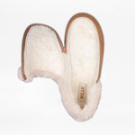 A pair of Women's Chestnut BILLY Cozy Slippers by BILLY Footwear with beige trim, shown from above. The open slippers reveal a plush interior and the BILLY brand label inside.