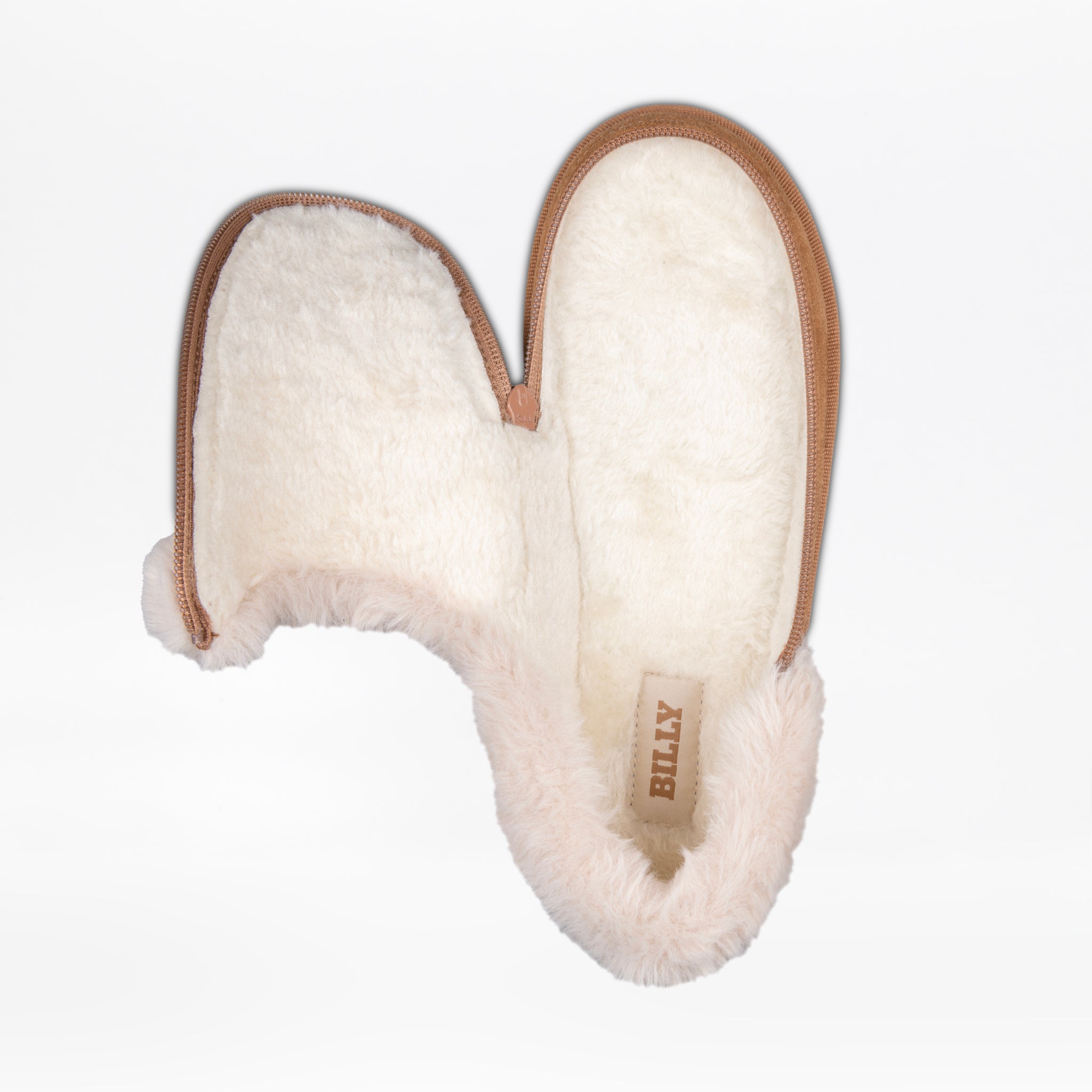 A pair of Women's Chestnut BILLY Cozy Slippers by BILLY Footwear with beige trim, shown from above. The open slippers reveal a plush interior and the BILLY brand label inside.