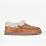 Experience comfort and style with the Women's Chestnut BILLY Cozy Slipper by BILLY Footwear—a tan suede slip-on featuring a thick sole, fluffy white faux fur lining, and a wrap zipper along the top edge.
