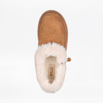 Top view of the Women's Chestnut BILLY Cozy Slipper by BILLY Footwear, featuring tan suede, a white faux fur lining, and an interior BILLY label. Shown against a white background.