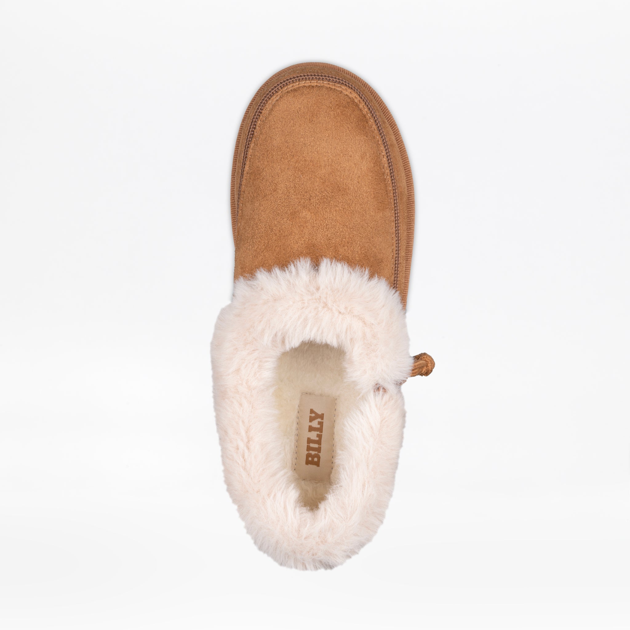 Top view of the Women's Chestnut BILLY Cozy Slipper by BILLY Footwear, featuring tan suede, a white faux fur lining, and an interior BILLY label. Shown against a white background.