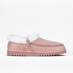 The BILLY Footwear Women's Cozy Slipper in blush suede features a thick sole, white faux fur lining, full wrap zipper, and textured outsole for grip—offering warmth and comfort, shown against a plain white background.