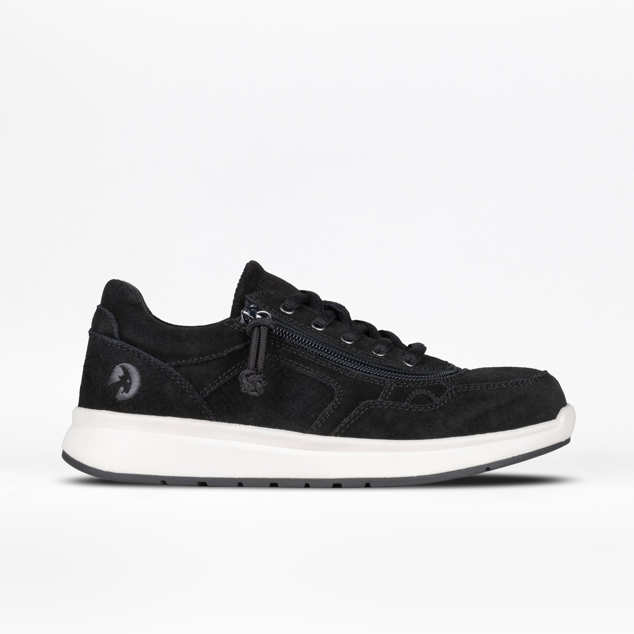 Black sneaker with a white sole on a white background