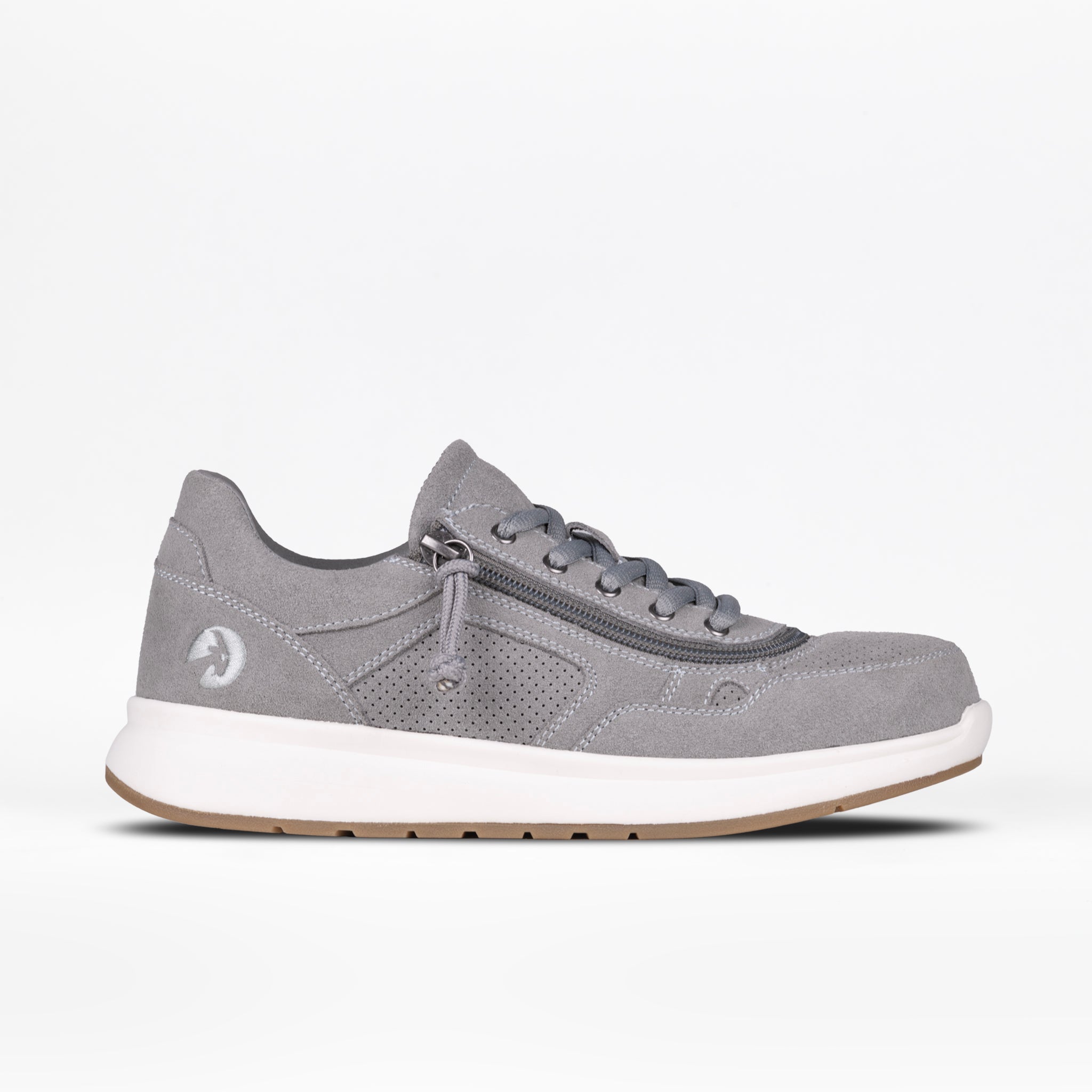 Grey sneaker with white sole on a white background