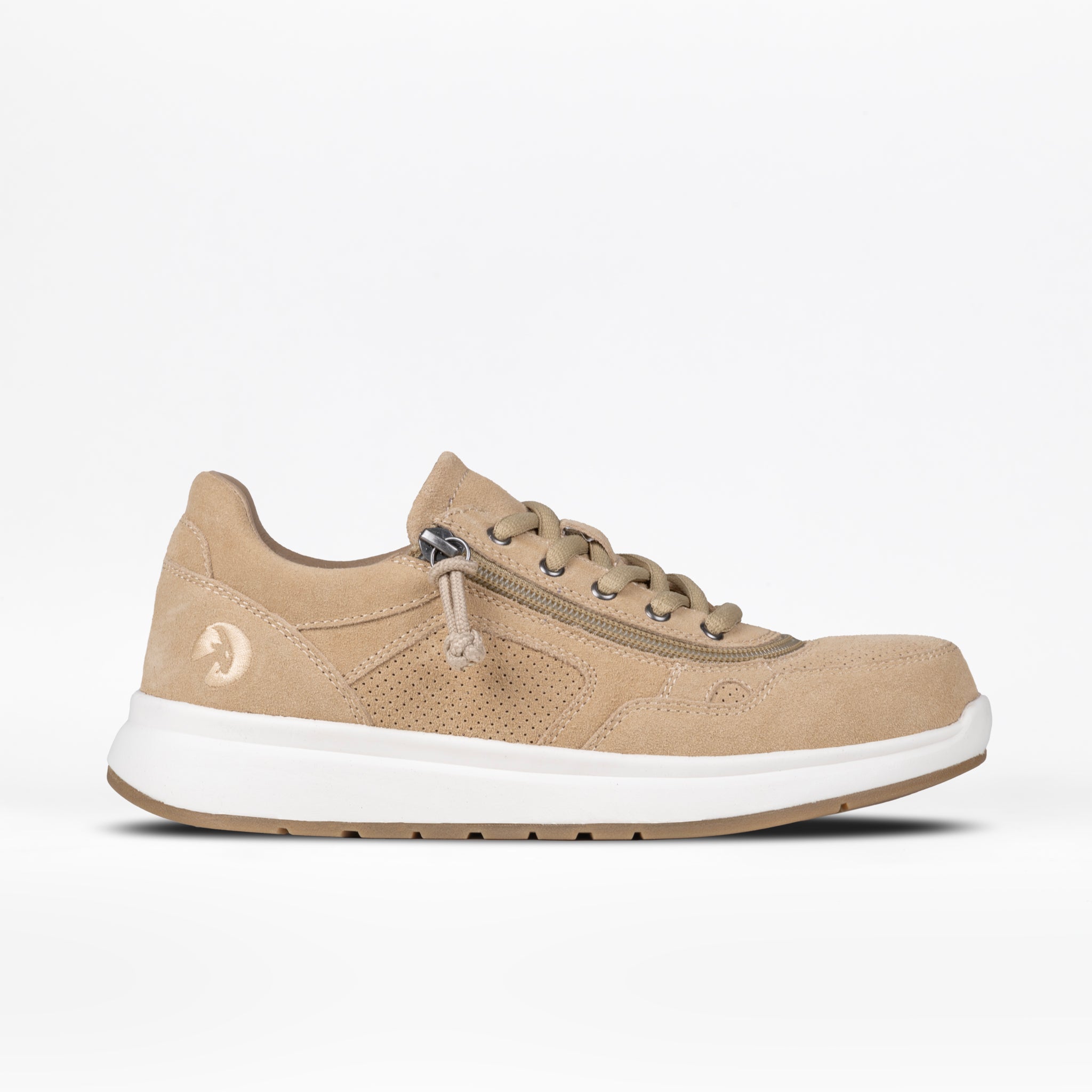 A women's tan suede comfort jogger shoe with a wraparound zipper and lace-up closure.
