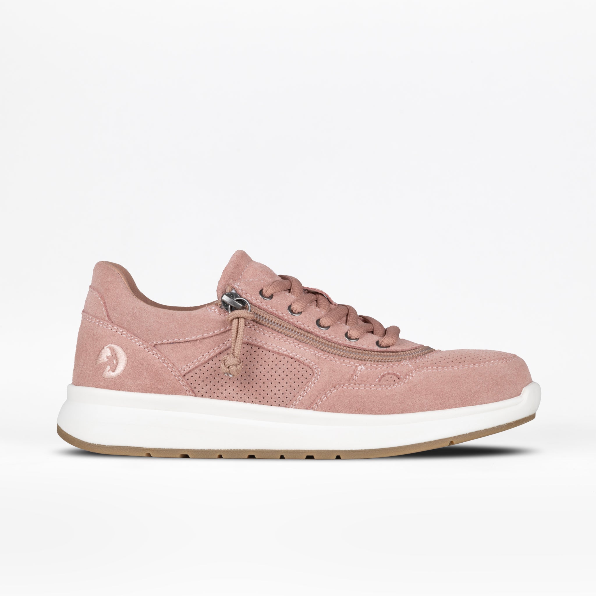 A blush suede BILLY Comfort Jogger shoe for women with a zipper on the side.
