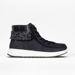Black high-top sneaker with white sole on a light grey background