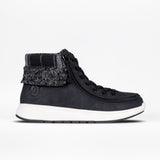 Black high-top sneaker with white sole on a light grey background