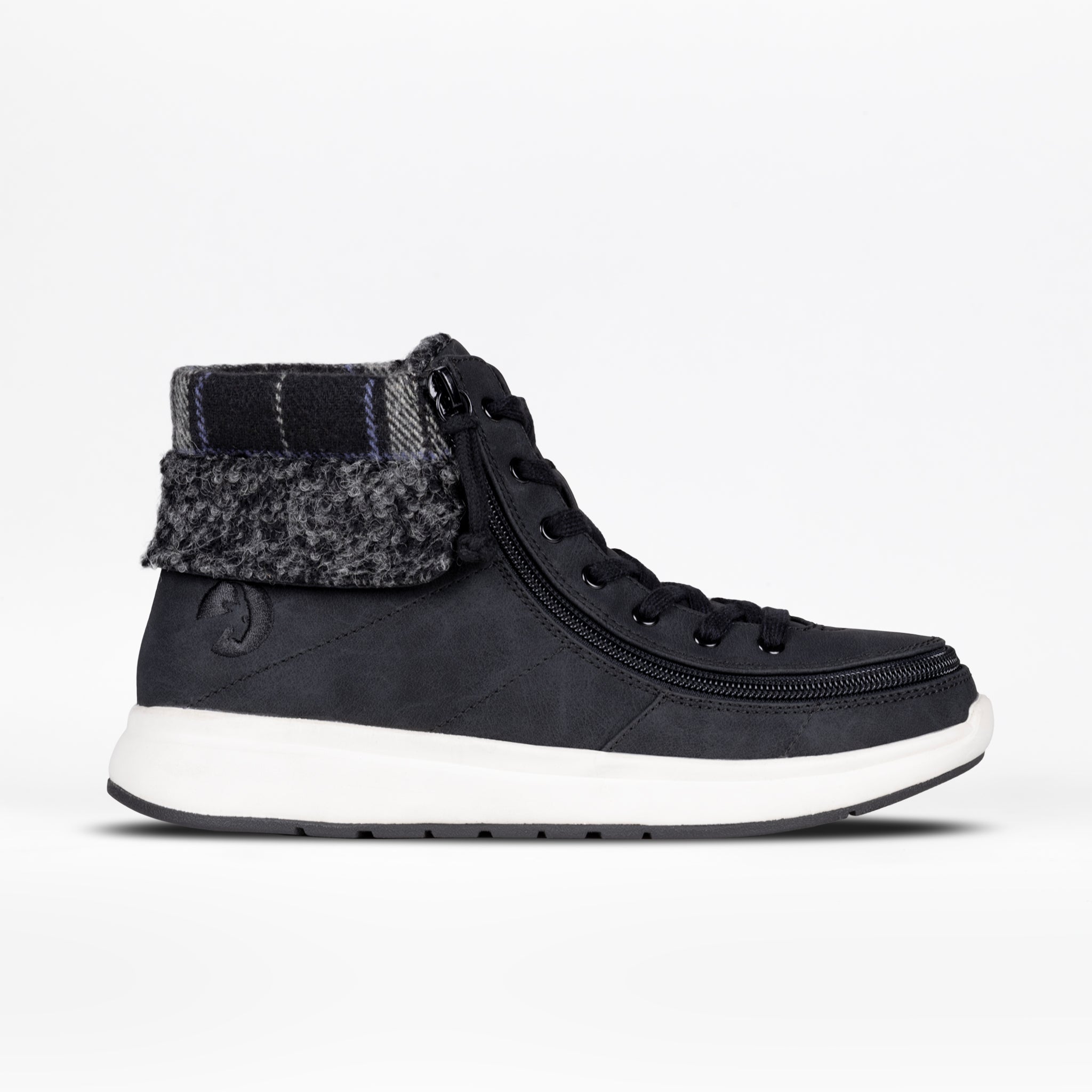 Black high-top sneaker with white sole on a light grey background