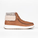 A women's cognac brown high-top sneaker with a faux suede and flannel construction, featuring a fur collar and a full wraparound zipper.