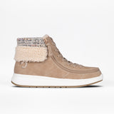 Women's high-top sneaker with a beige upper, faux suede finish, and a beige flannel collar lining, featuring a full wrap zipper.