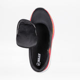 Top view of the SALE - Women's Black/Fuchsia Fire BILLY Sport Inclusion shoe by BILLY Footwear, featuring a soft, wide tongue lifted to show a cushioned insole with the brand logo and fuchsia fire accents on the sides.