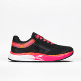 The BILLY Footwear Women's Black/Fuchsia Fire BILLY Sport Inclusion sneaker features black uppers with pink and orange accents, gradient midsole and laces, a cushioned insole for comfort, shown side profile on white background.