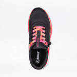Top view of the SALE - Women's Black/Fuchsia Fire BILLY Sport Inclusion by BILLY Footwear: a black sneaker with pink and orange tie-dye laces, "INCLUSION" on the tongue, and "BILLY" on the cushioned insole. Athletic zipper design.