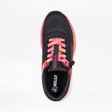 Top view of the SALE - Women's Black/Fuchsia Fire BILLY Sport Inclusion by BILLY Footwear: a black sneaker with pink and orange tie-dye laces, "INCLUSION" on the tongue, and "BILLY" on the cushioned insole. Athletic zipper design.