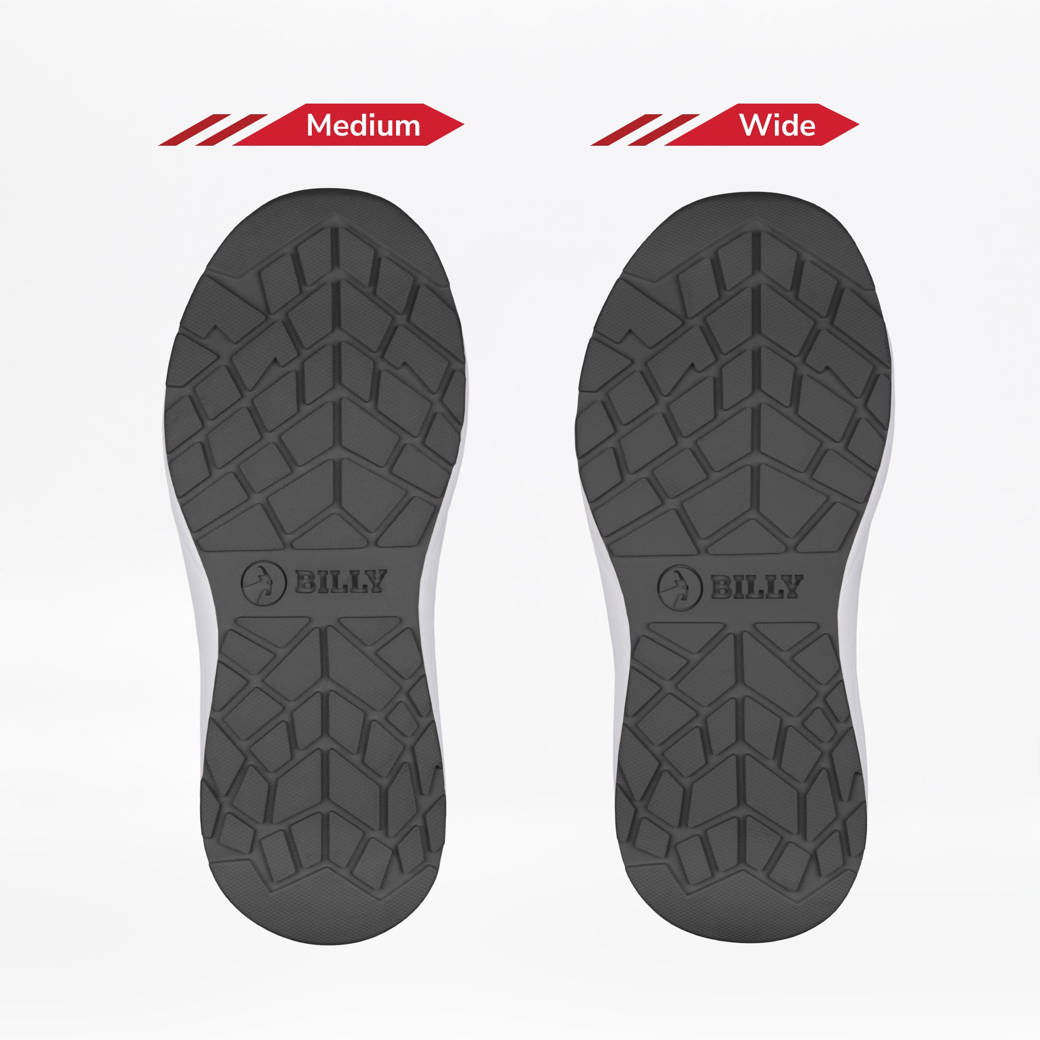 Two black soles from the Women's Black/White BILLY Sport Inclusion by BILLY Footwear are displayed side by side, labeled Medium and Wide, showing tread pattern similarities and multiple width options for comfortable women's sneakers.