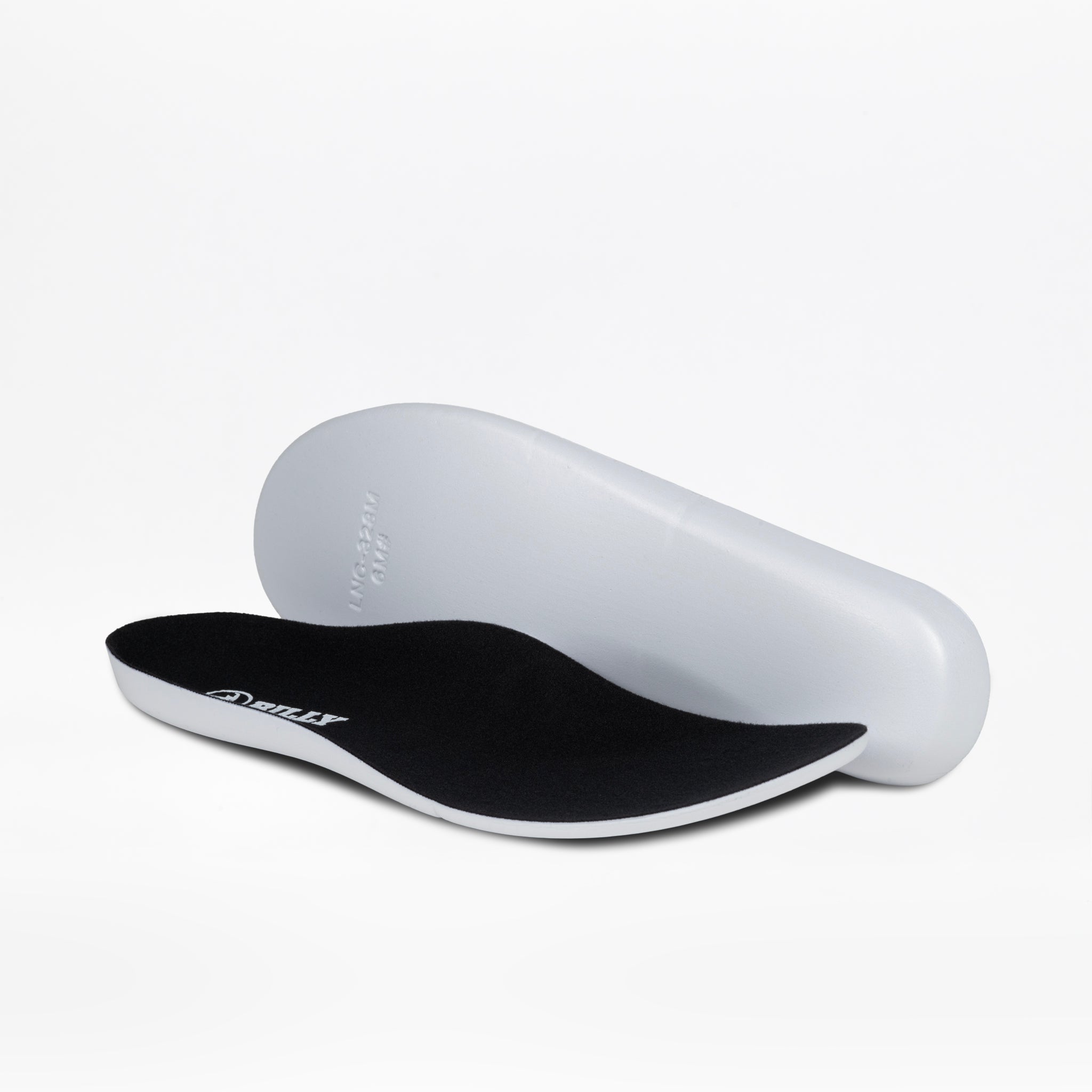 The Women's Black/White BILLY Sport Inclusion insoles by BILLY Footwear are shown on a white background: one lies flat, the other is propped up, both feature a black top and white base, designed for comfortable women's sneakers.