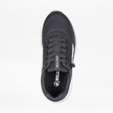 Top view of Women's Black/White BILLY Sport Inclusion sneaker by BILLY Footwear, featuring black laces, mesh fabric, a white sole, and “INCLUSION” printed in white vertically on the tongue. The insole displays the brand logo.