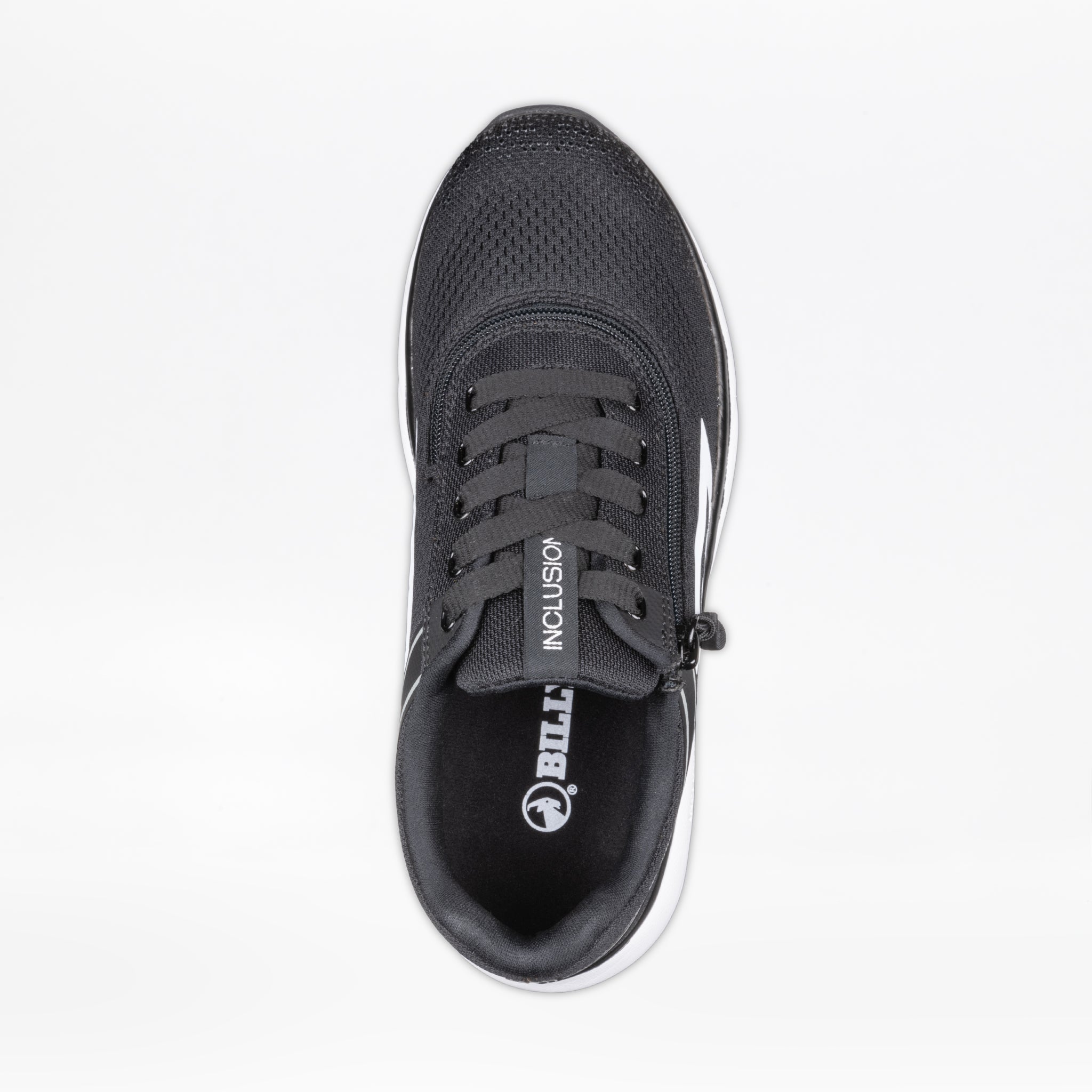 Top view of Women's Black/White BILLY Sport Inclusion sneaker by BILLY Footwear, featuring black laces, mesh fabric, a white sole, and “INCLUSION” printed in white vertically on the tongue. The insole displays the brand logo.