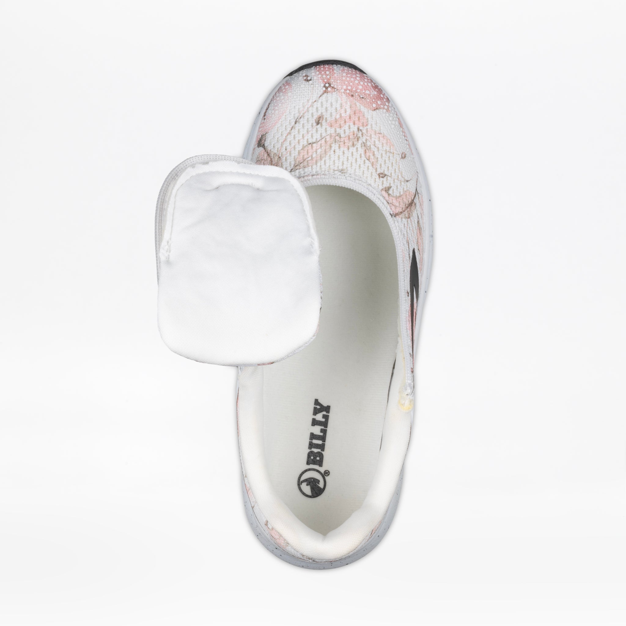 Top view of the Women's Stone Floral BILLY Sport Inclusion by BILLY Footwear, highlighting the zipper around the toe, cushioned insole, and opened upper flap on a white background.