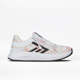 The Women's Stone Floral BILLY Sport Inclusion by BILLY Footwear is a white athletic zipper shoe for women with pale pink floral patterns, black stripes and accents, and a speckled sole. Cushioned insole for comfort. Side view on white background.