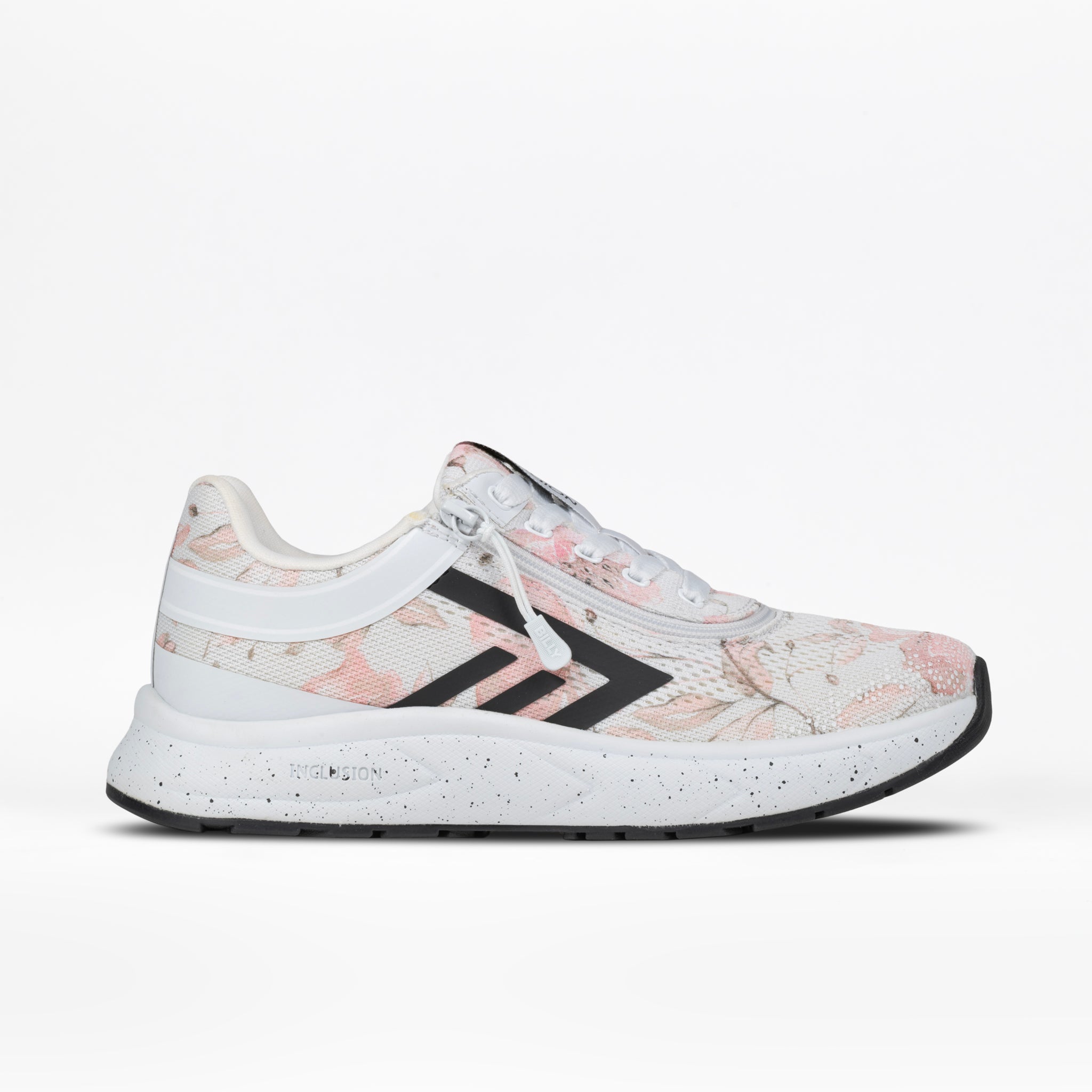 The Women's Stone Floral BILLY Sport Inclusion by BILLY Footwear is a white athletic zipper shoe for women with pale pink floral patterns, black stripes and accents, and a speckled sole. Cushioned insole for comfort. Side view on white background.