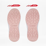 Two pink soles from FINAL SALE - Women's Pink/Exotic BILLY Sport Inclusion shoes by BILLY Footwear, labeled Medium and Wide. Both show the BILLY logo; the wide sole is visibly broader, illustrating sizing differences in these sneakers.