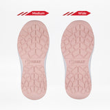 Two pink soles from FINAL SALE - Women's Pink/Exotic BILLY Sport Inclusion shoes by BILLY Footwear, labeled Medium and Wide. Both show the BILLY logo; the wide sole is visibly broader, illustrating sizing differences in these sneakers.