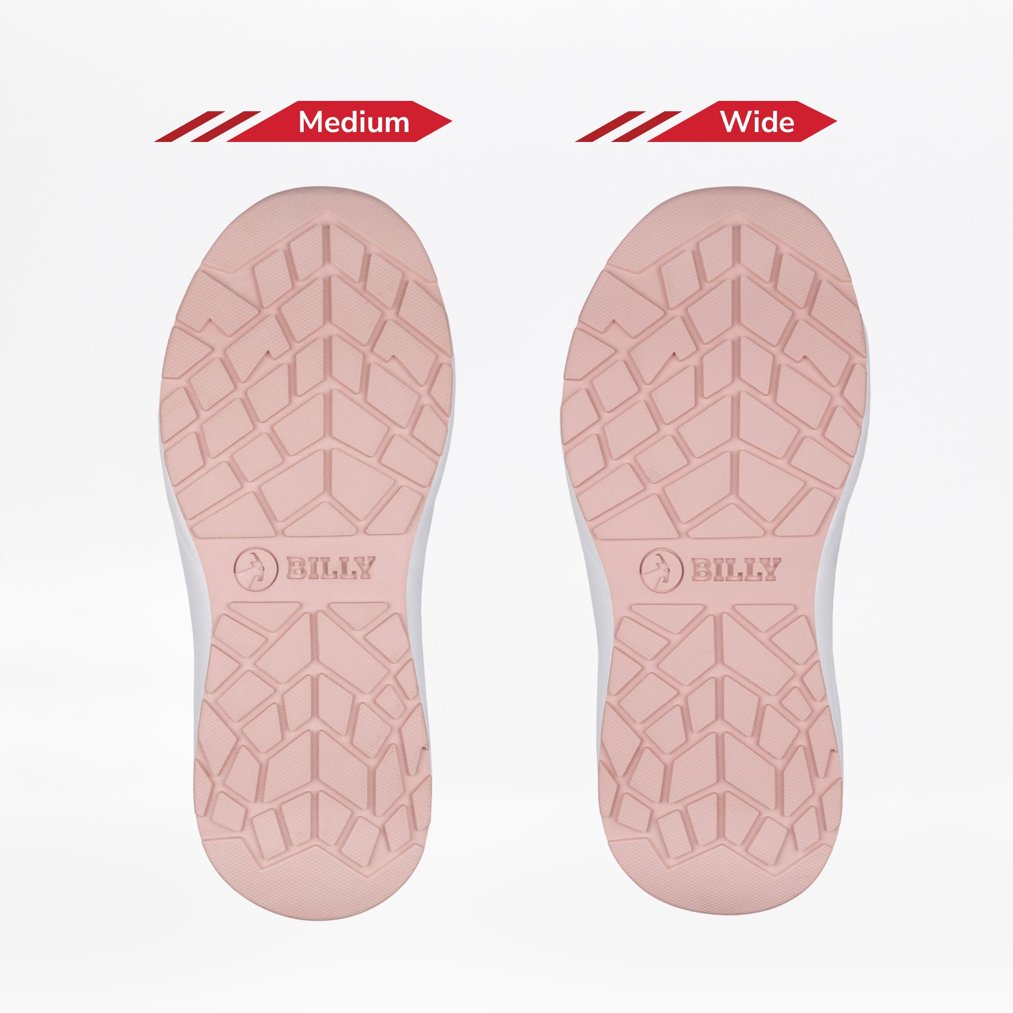 Two pink soles from FINAL SALE - Women's Pink/Exotic BILLY Sport Inclusion shoes by BILLY Footwear, labeled Medium and Wide. Both show the BILLY logo; the wide sole is visibly broader, illustrating sizing differences in these sneakers.