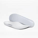 Two pink marble shoe insoles from the Women's Pink Marble BILLY Sport Inclusion by BILLY Footwear are shown on a white background—one upright to display the smooth underside, the other revealing contoured arches for support.