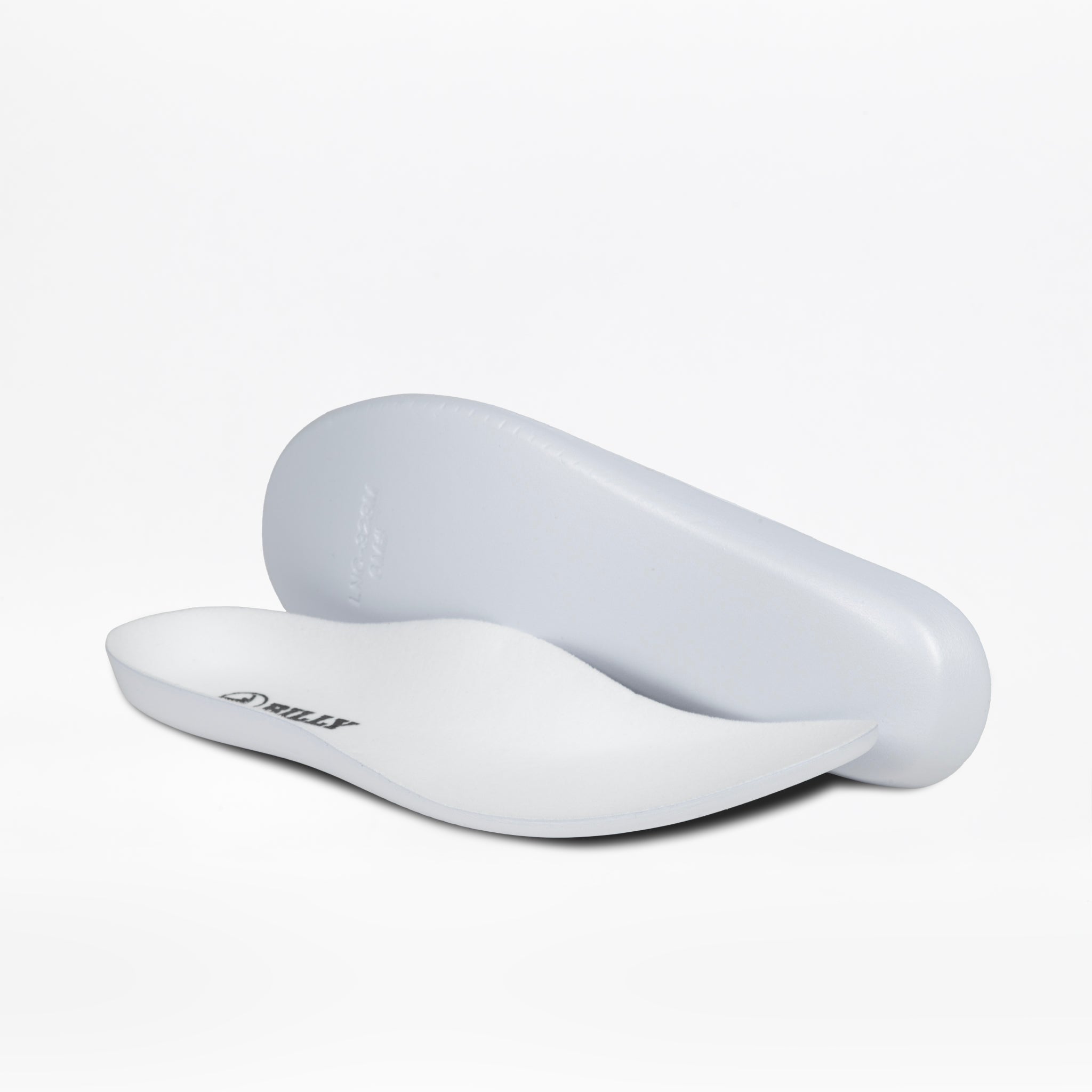 Two pink marble shoe insoles from the Women's Pink Marble BILLY Sport Inclusion by BILLY Footwear are shown on a white background—one upright to display the smooth underside, the other revealing contoured arches for support.