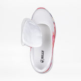 The SALE - Women's Pink Marble BILLY Sport Inclusion by BILLY Footwear is a white and pink athletic sneaker featuring a side zippered flap open to reveal the insole and brand logo, viewed from above on a white background. Accessible design meets sporty style.
