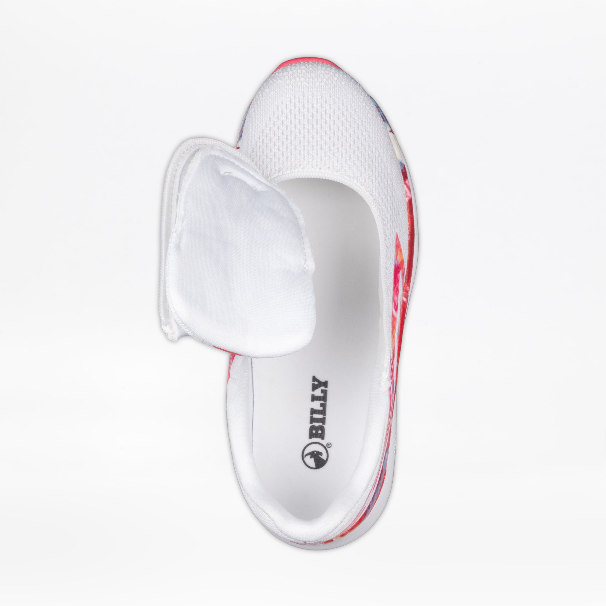 The SALE - Women's Pink Marble BILLY Sport Inclusion by BILLY Footwear is a white and pink athletic sneaker featuring a side zippered flap open to reveal the insole and brand logo, viewed from above on a white background. Accessible design meets sporty style.