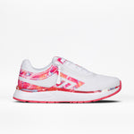 The SALE - Women's Pink Marble BILLY Sport Inclusion sneaker by BILLY Footwear features a white mesh upper, pink and orange marble accents, and a pink outsole, shown in side view. Enjoy stylish accessible athletic shoes for all.
