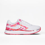 The SALE - Women's Pink Marble BILLY Sport Inclusion sneaker by BILLY Footwear features a white mesh upper, pink and orange marble accents, and a pink outsole, shown in side view. Enjoy stylish accessible athletic shoes for all.